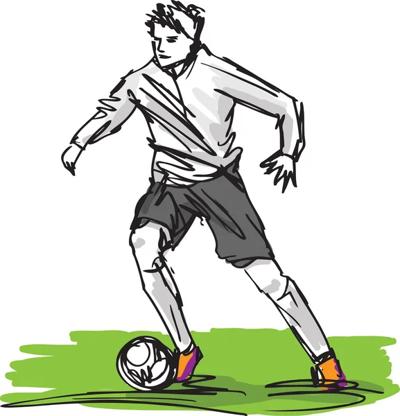 Vázlatot, az foci játékos rúgja a labdát. Vektoros illusztráció — Stock Vector