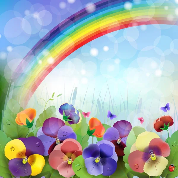 Květinové pozadí, rainbow, barevné macešky květiny — Stockový vektor