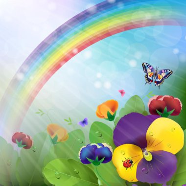 Floral background,rainbow, colorful pansies flowers clipart