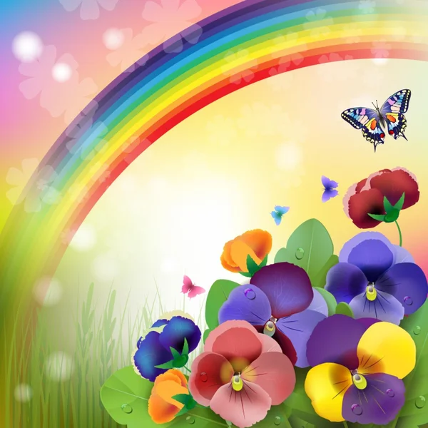Blumenhintergrund, Regenbogen, bunte Stiefmütterchen Blumen — Stockvektor