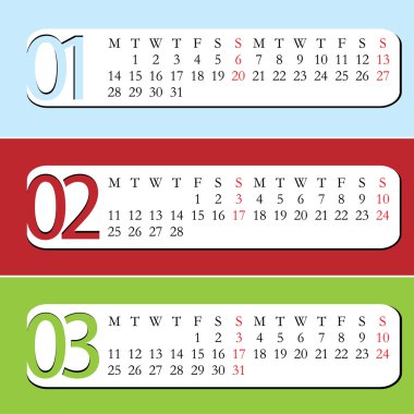 Three Month calendar for year 2013. clipart