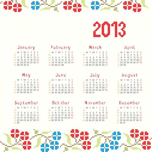 2013 вишивка хрестиком етнічний календар — стоковий вектор