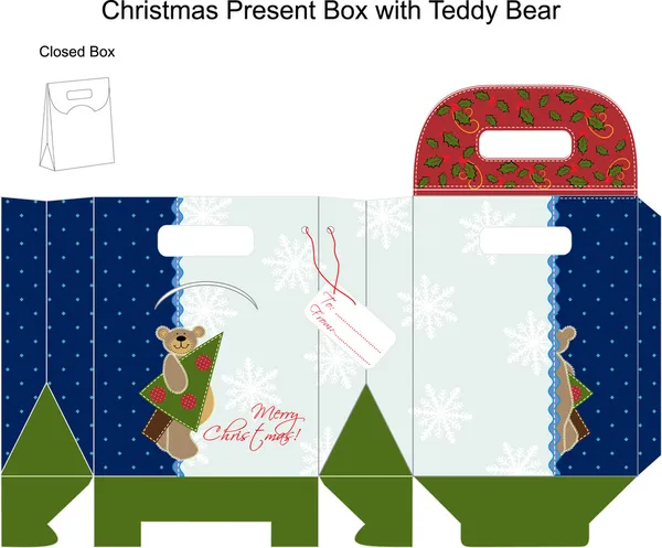 De doos van de gift van sjabloon Kerstmis met teddy bear. — Stockvector