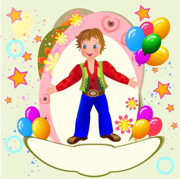 Festa de criança com menino bonito e balões — Vetor de Stock