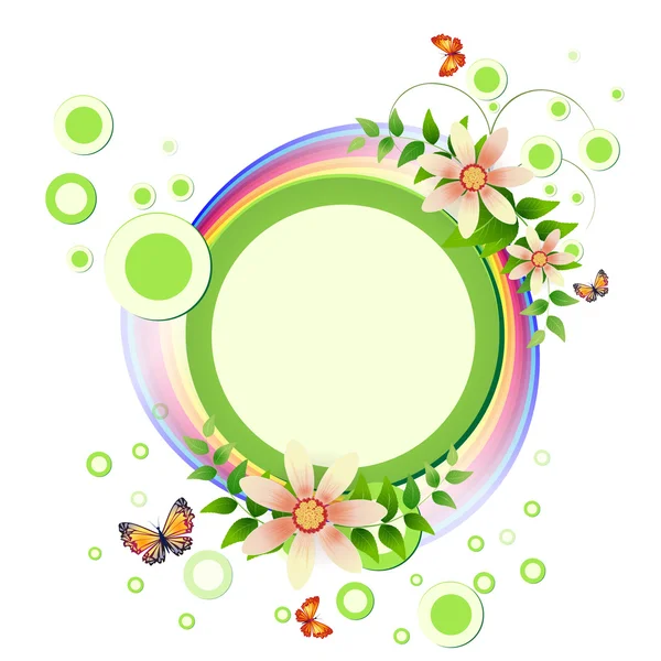 Fondo con flores, mariposas y arco iris — Vector de stock