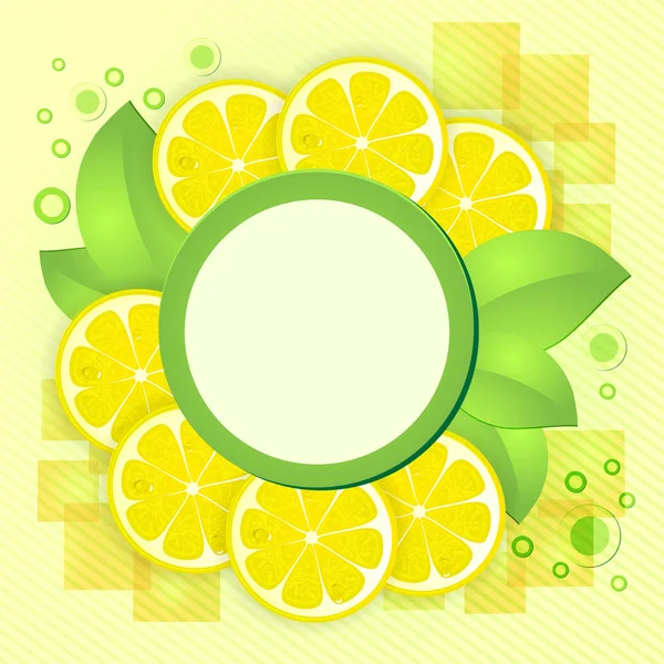 Rodajas de limón amarillo con gotas y hojas — Vector de stock