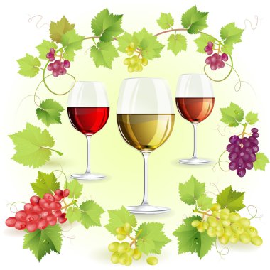 Glasses of wine and grapes clipart