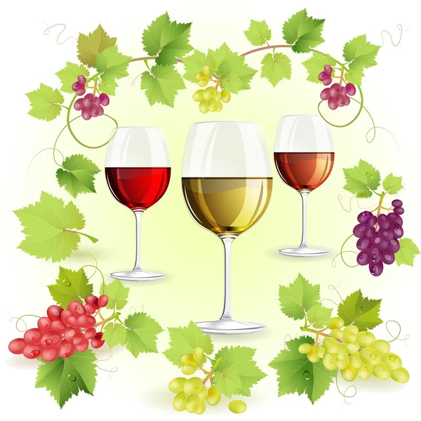 Glasses of wine and grapes — Stock Vector