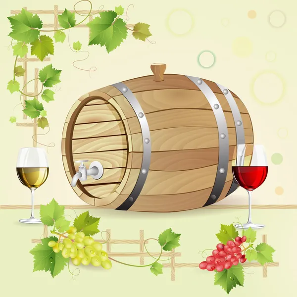 Wijn vat met druiven en glas — Stockvector