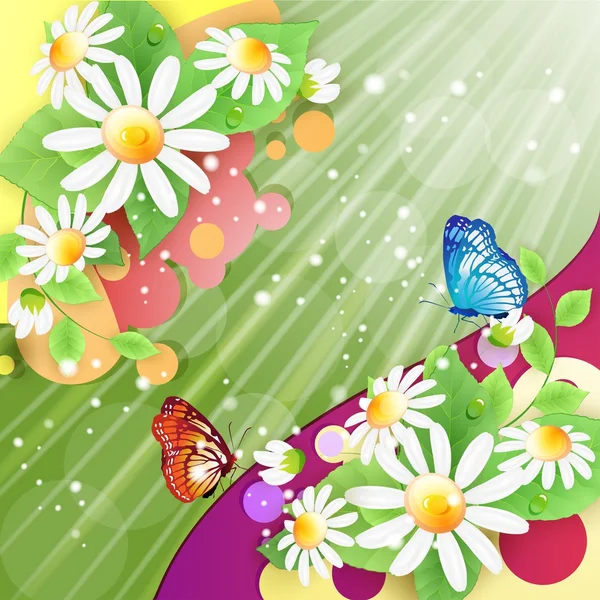 有花朵和蝴蝶的夏天背景 — 图库矢量图片
