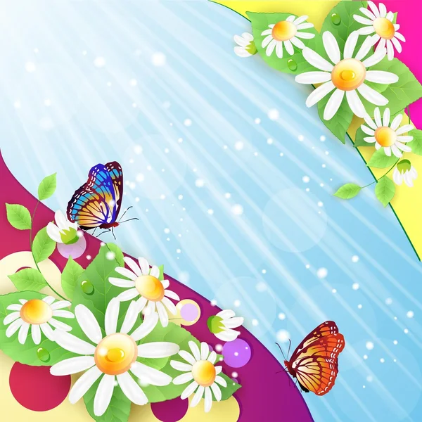 Fondo de verano con flores y mariposas — Vector de stock