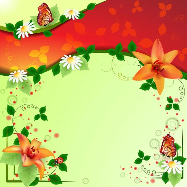 与美丽的花朵和蝴蝶背景 — 图库矢量图片
