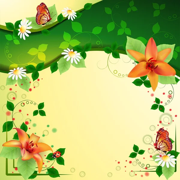 Hintergrund mit schönen Blumen und Schmetterlingen — Stockvektor