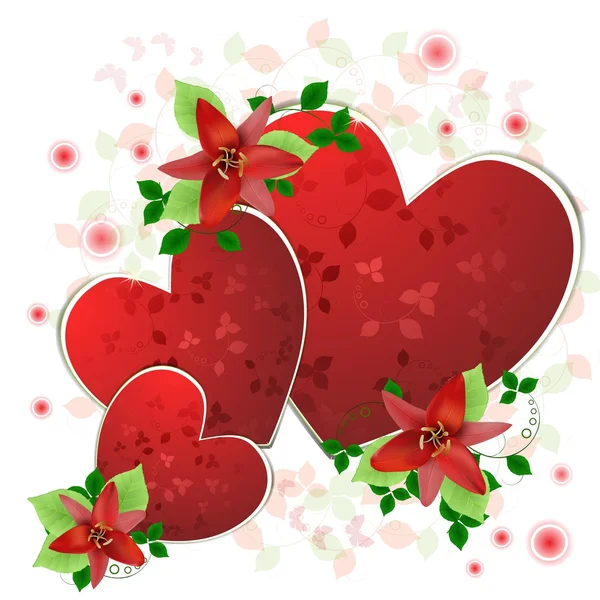Bakgrund med hjärtan och röda liljor — Stock vektor