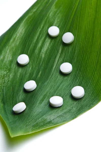 Liść z białe tabletki — Zdjęcie stockowe