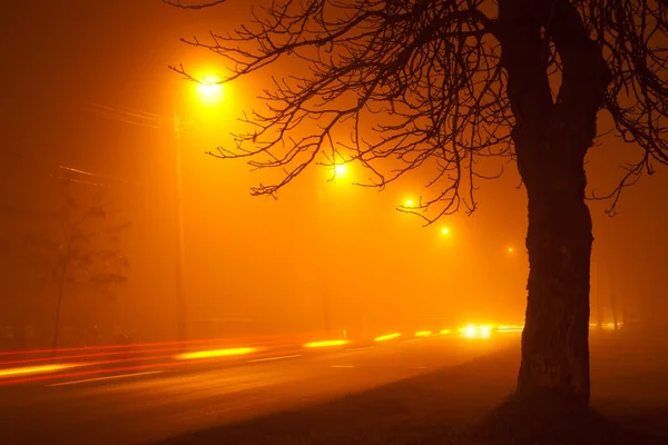 Traffic on foggy road — Stock Photo, Image