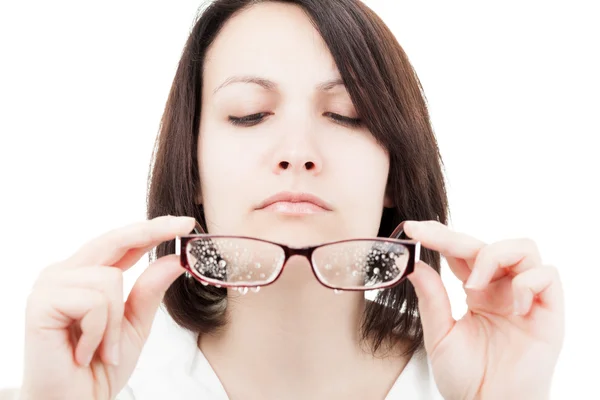 Serious Brunette Woman Holding Wet Glasses — Stock Photo, Image