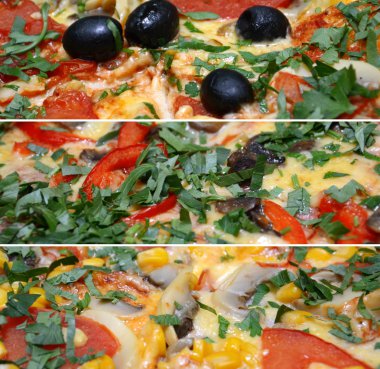 Collage of pizza food related pictures made from three images clipart