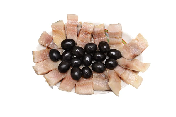 Isolated Fillet of herring with olives — Stock Photo, Image