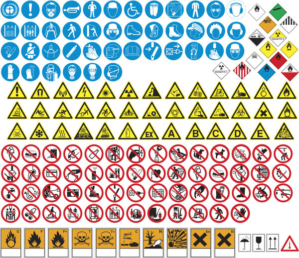 Various tables and signs prohibitions and dangers