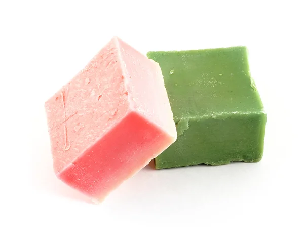Dvě barevné mýdlo slice — Stock fotografie