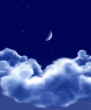 yıldızlı gece, ay ve bulutlar
