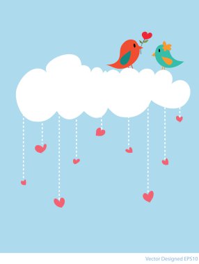 Couple bird with white cloud and hearts rain clipart