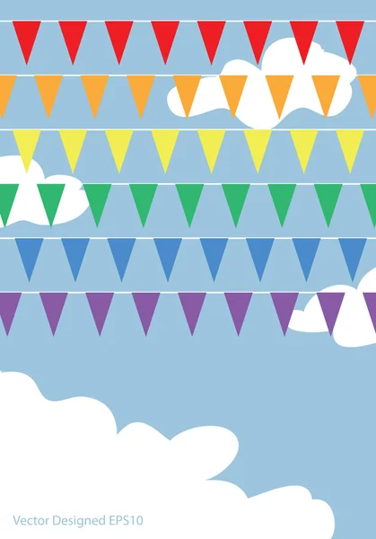Bandeiras de arco-íris no céu azul com nuvens brancas — Vetor de Stock