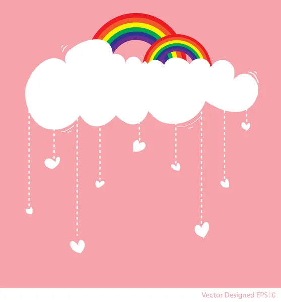 Arco iris con nube y lluvia de corazones de amor — Vector de stock