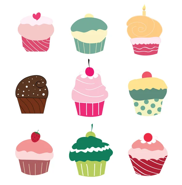 Conjunto de 9 cupcakes lindos — Vector de stock