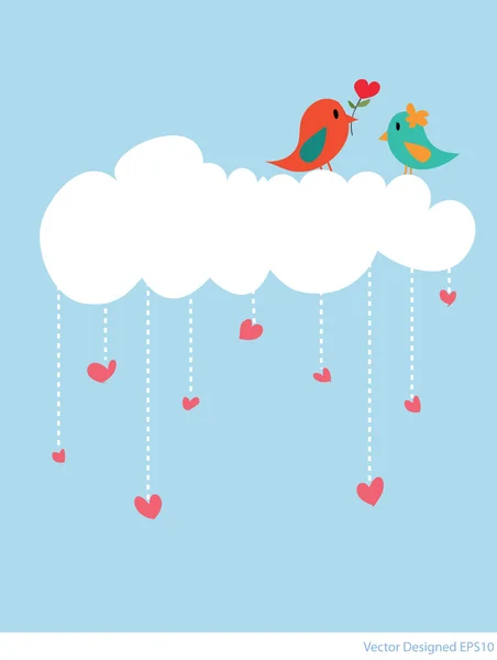 Пара птиц с белым облаком и дождём из сердец — стоковый вектор