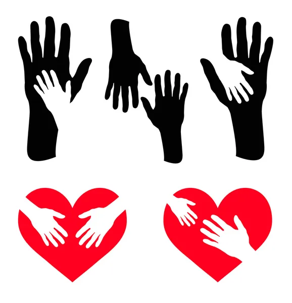 Ensemble de main et de main attentionnées sur le cœur rouge — Image vectorielle