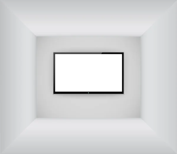 Schwarzer LED- oder LCD-Fernseher, der im leeren Raum hängt — Stockvektor