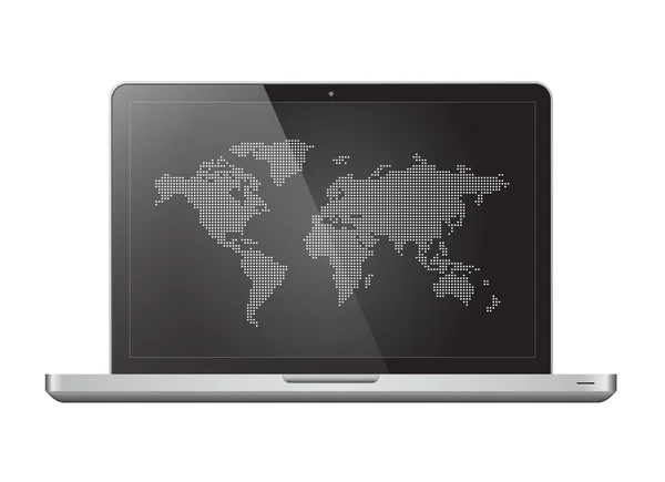 Carte du monde pointillée dans un ordinateur portable — Image vectorielle