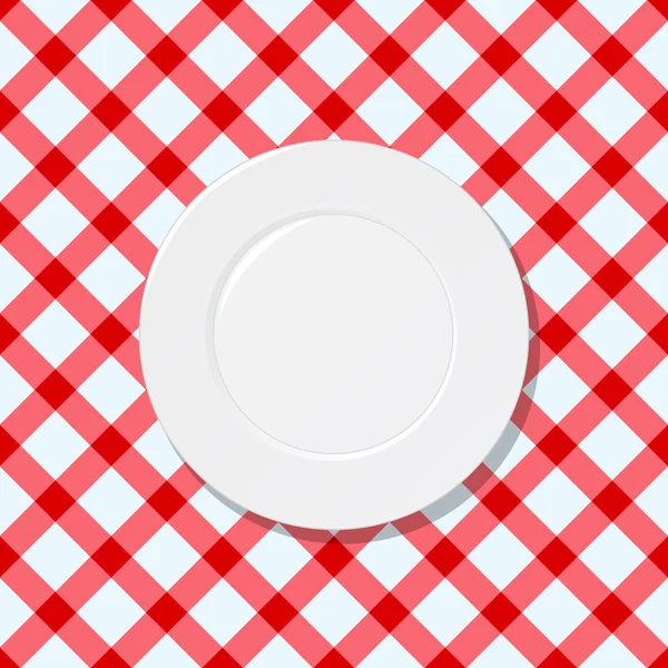 White plate on red and white checked tablecloth — Stock Vector