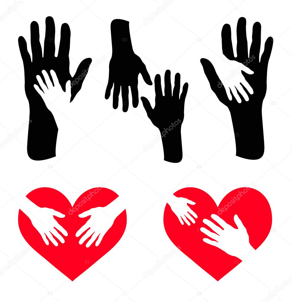 Set of caring hand and hand on red heart