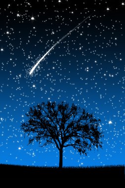 Tree Under Stars with shooting stars at night clipart