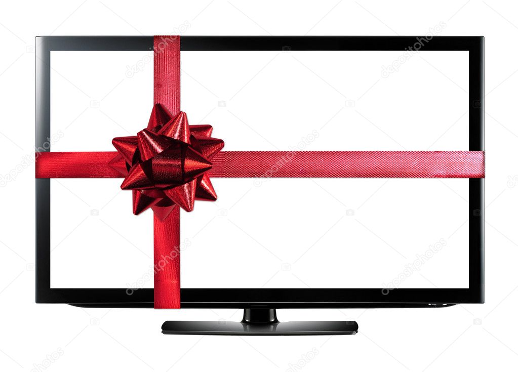 LED or LCD TV with red christmas gift ribbon isolated on white