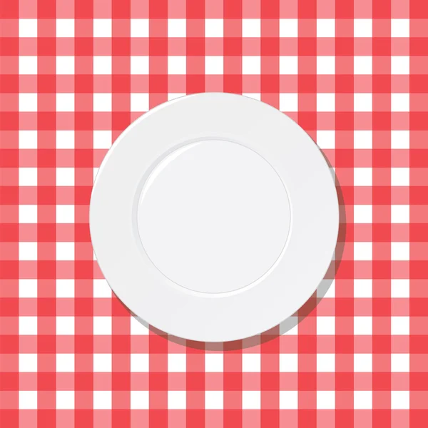 White plate on a checkered red tablecloth — Stock Vector