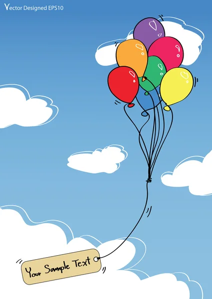 Красочные воздушные шары с пустой меткой на голубом небе — стоковый вектор