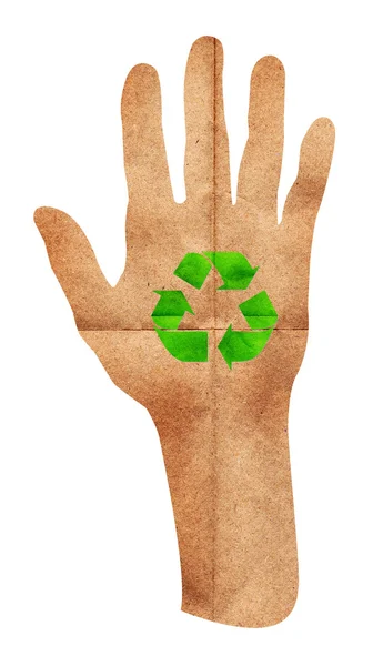 Señal de reciclaje verde en la mano — Foto de Stock