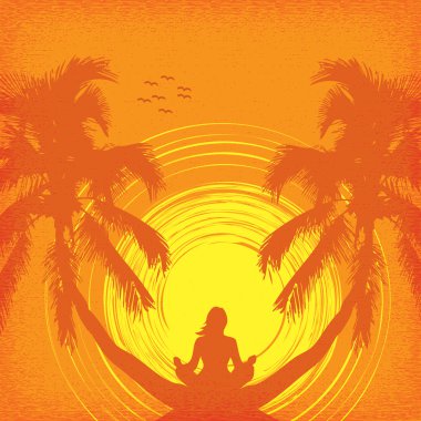 Yoga bir kızla yaz tropikal arka plan