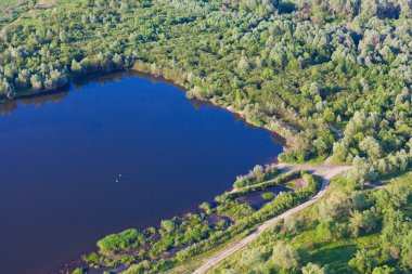 Aerial view of lake and forest landscape clipart