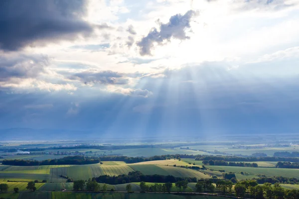 stock image Aerial view of village landscape with dark clouds