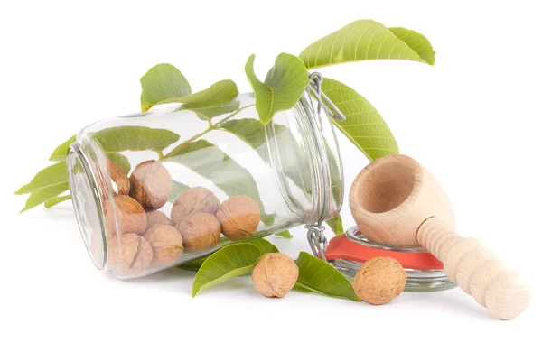 Walnuts jar and nut crusher — Stock Photo, Image