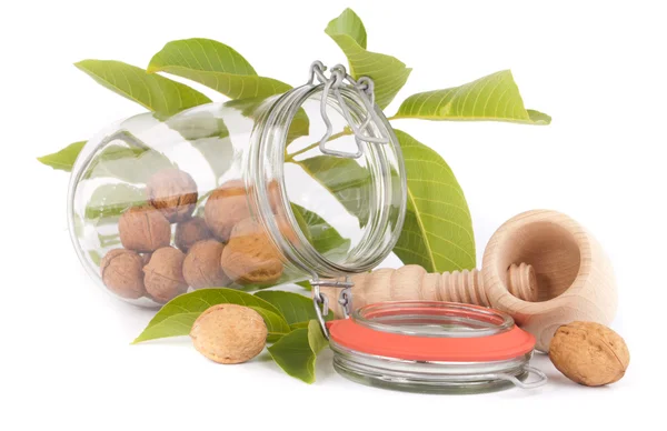 Walnuts jar and nut crusher — Stock Photo, Image
