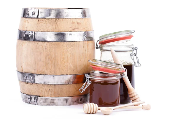 Vaso e barile di miele — Foto Stock