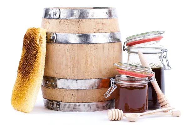 Pot et tonneau de miel — Photo