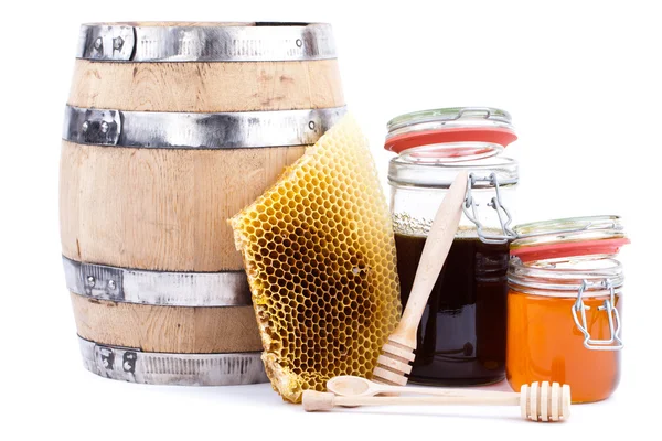 꿀 병 및 배럴 — 스톡 사진