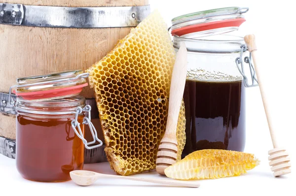 Honung burk och fat — Stockfoto